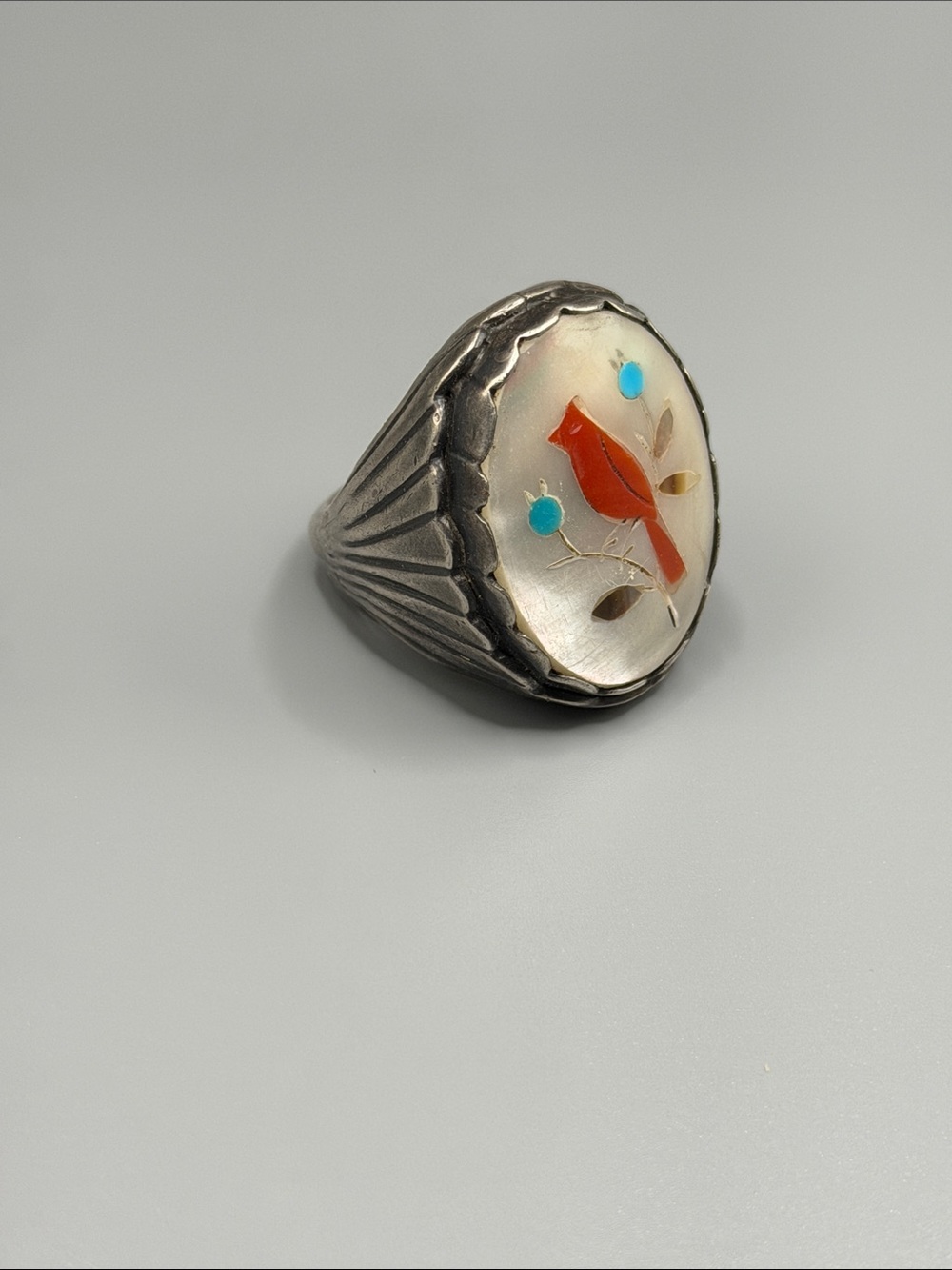 Vintage-Inspired Red Cardinal Inlay Silver Ring - Women's Jewelry
